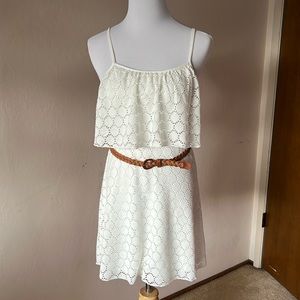 Derek Heart white ruffle crochet dress with belt. Size S